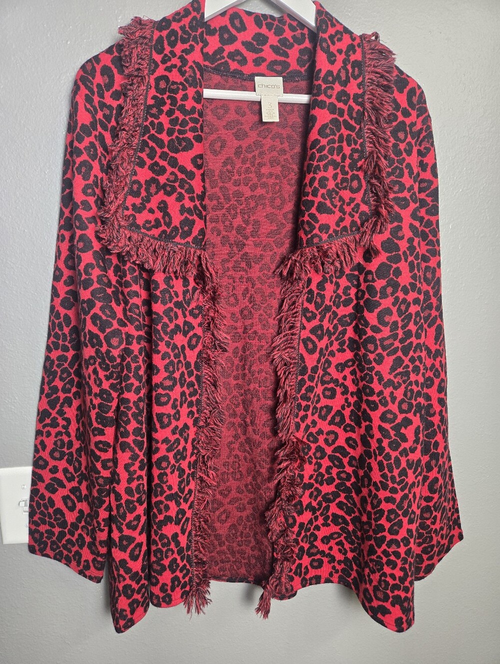 Chico's Open Front Cardigan Fringe Leopard Print Size XL